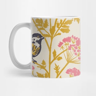 Hemlock with Chickadee Birds in Pink and Mustard Yellow Floral Repeat Pattern Mug